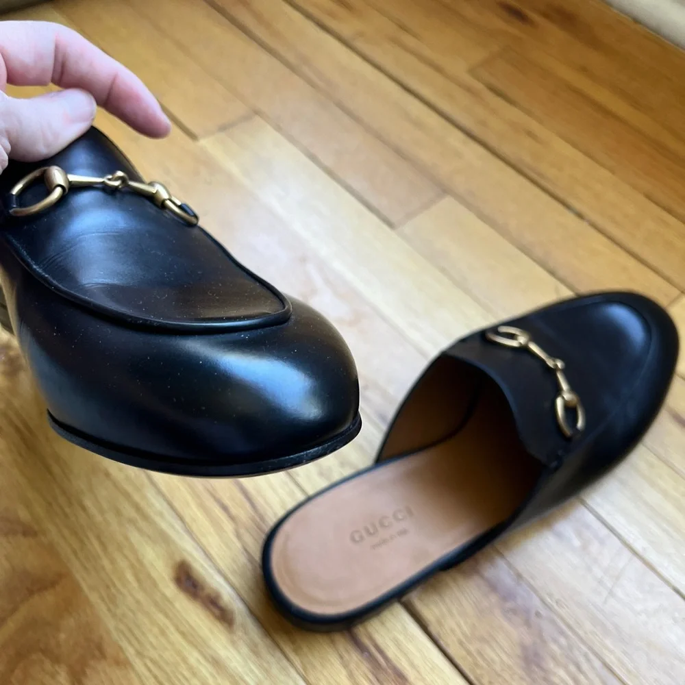 Gucci Black Leather Mules with Gold Hardware 7 37 Princetown Shoes Loafers - Picture 7 of 9